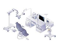 conjunto de médico herramientas dentista tecnología infografía ilustración 3d plano isométrica vector