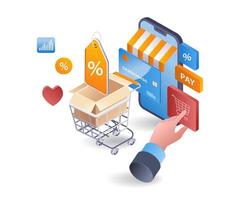 Online shopping in e commerce market infographic flat isometric 3d illustration vector