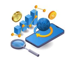 Business analysis with smartphone technology 3d flat isometric illustration vector