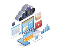 computadora datos analista negocio compañía, infografía 3d ilustración plano isométrica vector