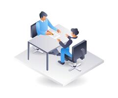 Employee asks for boss's signature, infographic illustration 3d flat isometric vector