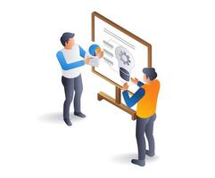 Team discussion about business ideas, infographic flat isometric 3d illustration vector