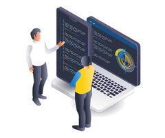 Team of programmers computer technology analysts isometric flat illustration vector