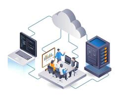 Cloud data server security center team, infographic 3d illustration flat isometric vector