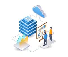 equipo analizando nube servidor ai desarrollo datos, isométrica plano 3d ilustración infografía vector