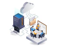 Data server web application system development team, flat isometric 3d illustration infographic vector