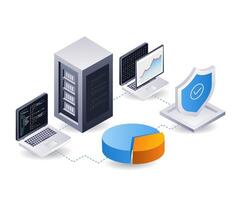 Analysis data on server security developments infographics, flat isometric 3D illustration vector