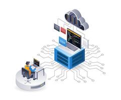 Programmer maintains technology cloud server, isometric flat 3d illustration infographic vector