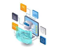 AI robot helps computer work technology infographic illustration 3d flat isometric vector