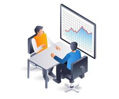 Business company development data analysis team, flat isometric 3D illustration infographic vector