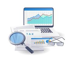 ingresos impuesto financiero análisis datos, plano isométrica 3d ilustración infografia vector