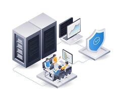 Developer team analyzing cloud server security data, isometric flat 3d illustration infographic vector