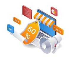 Online shopping discounts e commerce market infographic flat isometric 3d illustration vector