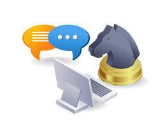 Horse talking on computer infographic 3d illustration flat isometric vector