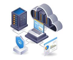 nube servidor computadora datos analista, infografía 3d plano isométrica ilustración vector