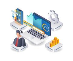 Analysis of technology business development infographics 3d flat isometric illustration vector