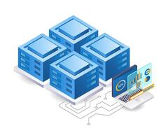 Computer server data analyst technology infographic 3d illustration flat isometric vector