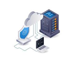 Artificial intelligence server computer security, infographic 3d illustration flat isometric vector