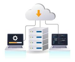 Maintaining technology cloud server system, infographic 3d illustration flat isometric vector