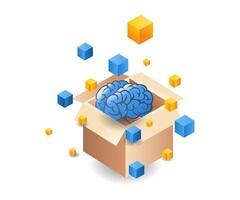 Brain coming out of cardboard flat isometric illustration vector