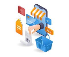 Details of online shopping in e commerce market infographic flat isometric 3d illustration vector