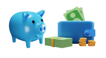 porcellino banca con blu portafoglio 3d interpretazione illustrazione concetto Salvataggio i soldi trasparenza Immagine png