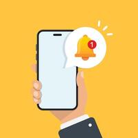 Hand holds phone with notifications icon in flat style. Smartphone with new notice illustration on isolated background. Reminder message sign business concept. vector