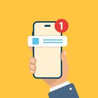 Hand holds phone with notifications icon in flat style. Smartphone with new notice illustration on isolated background. Reminder message sign business concept. vector