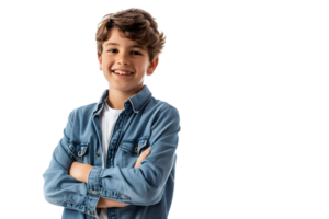 Smiling boy with crossed arms looking at camera and posing isolated over transparent background png