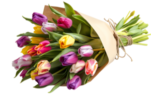 Bouquet of tulips in paper bag isolated on transparent background png