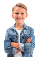 Smiling blonde hair boy posing crossed arms looking at camera isolated on transparent background png