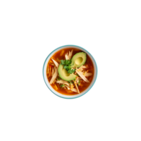 Tortilla soup a spicy tomato broth with shredded chicken crispy tortilla strips and diced avocado png