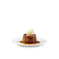 Sticky toffee pudding with caramel sauce and vanilla ice cream melting Food and culinary concept png