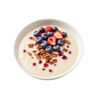 Quinoa milk porridge in a ceramic bowl topped with fresh berries a drizzle of maple png