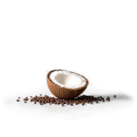 kokosnoot espresso met geschoren kokosnoot en koffie bonen zwevend bovenstaand voedsel en culinaire concept png