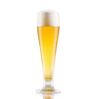 Pilsner beer glass tall and slender filled with clear golden beer one empty and one png