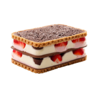 Neapolitan ice cream sandwich layers of vanilla chocolate and strawberry isolated on transparent Summer freshness png