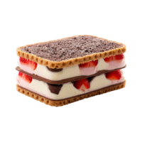 Neapolitan ice cream sandwich layers of vanilla chocolate and strawberry isolated on transparent Summer freshness png