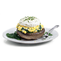 petit déjeuner farci champignons grand portobello champignon casquettes rempli avec brouillé des œufs épinard et chèvre fromage png