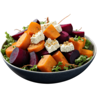 Roasted root vegetable salad elements over prepared bowl roasted beets parsnips and carrots dancing airily png