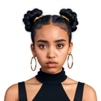 Young multiracial woman with space buns and septum ring adorable face grieving eyes pouting mouth. Essence of diverse femininity. png