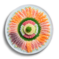 sashimi plato mandala un delicado modelo de clasificado sashimi rebanadas con soja salsa salpicaduras png
