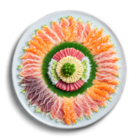 sashimi piatto mandala un' delicato modello di assortito sashimi fette con soia salsa spruzzi png