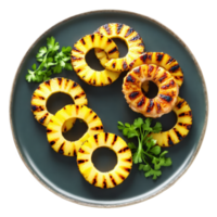 Grilled pineapple chicken with pineapple rings cilantro and a teriyaki glaze on a clear plate png