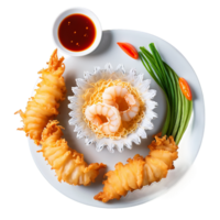 Seafood tempura lightly battered and fried garnished with tentsuyu sauce captured from above png