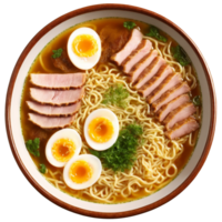 sabroso ramen en transparente cuenco tallarines arremolinándose caldo salpicaduras huevo yema de huevo muy lleno Cerdo rebanadas hilado png