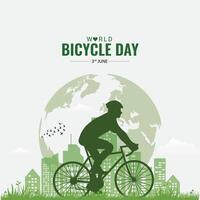 mundo bicicleta día creativo único verde natural ambiental eco simpático concepto idea diseño. Vamos verde y salvar el ambiente. montando ciclo verde Respetuoso del medio ambiente mundo. verde energía, salvar el tierra vector