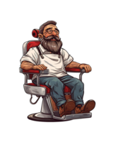 Cheerful cartoon barber sitting relaxed in a classic barbershop chair, sporting a trendy beard and glasses png