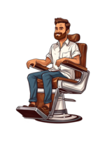 Cheerful cartoon barber sitting relaxed in a classic barbershop chair, sporting a trendy beard and glasses png