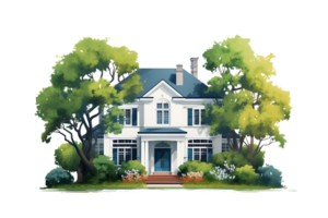 house with trees and bushes on transparent background png